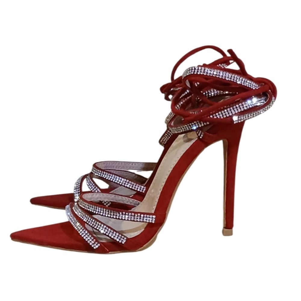 Red Stiletto Heels with Rhinestone Studded Straps Women's Size 7 Heels 5"